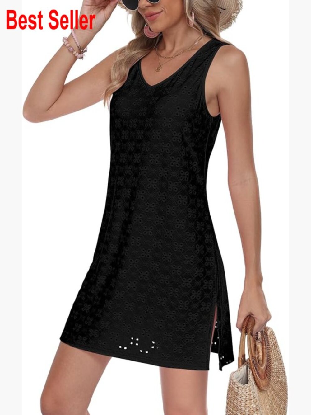 Polyester Spandex Eyelet Cover Up Beach Dress Sleeveless V-Neck